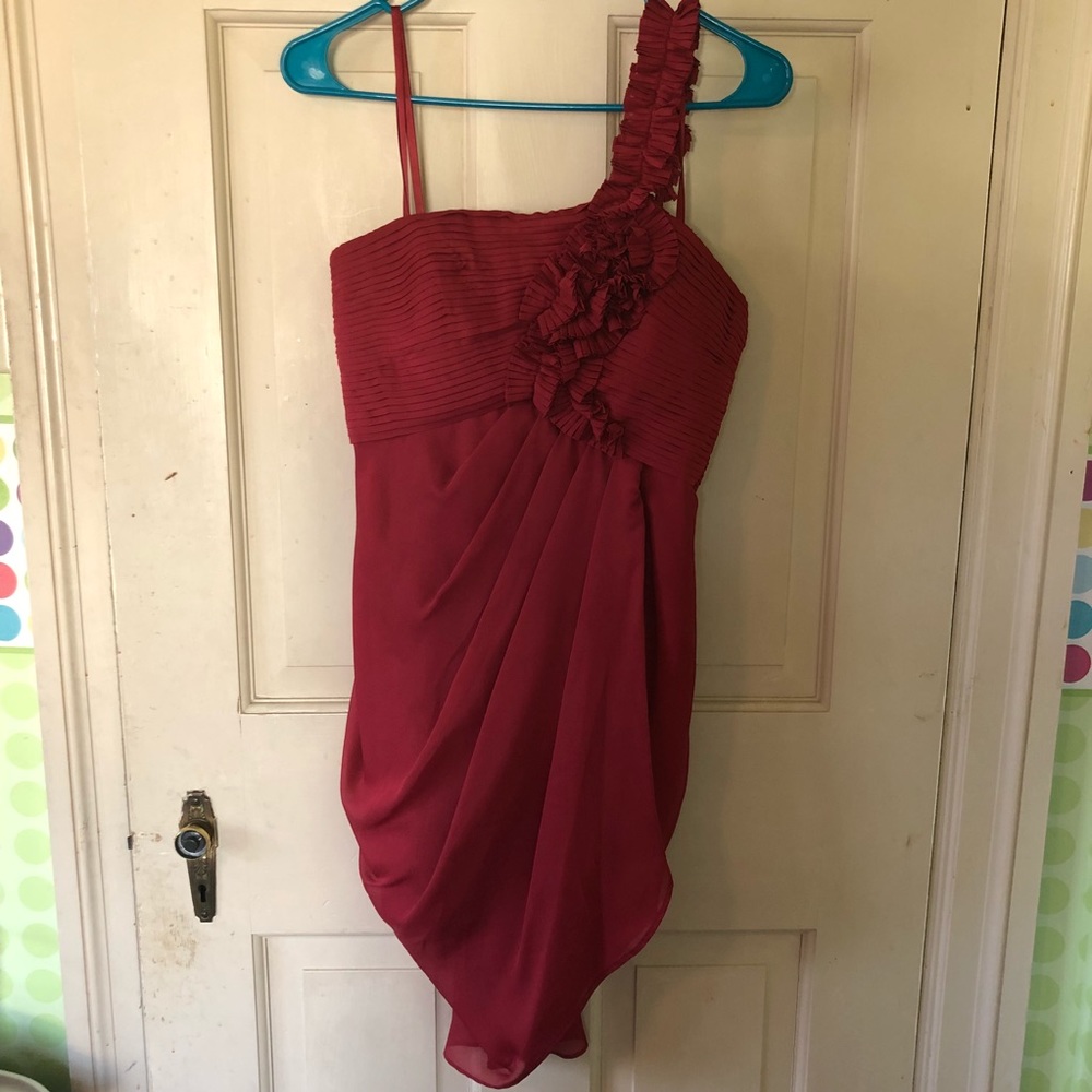 One shoulder, brick/burnt red formal dress